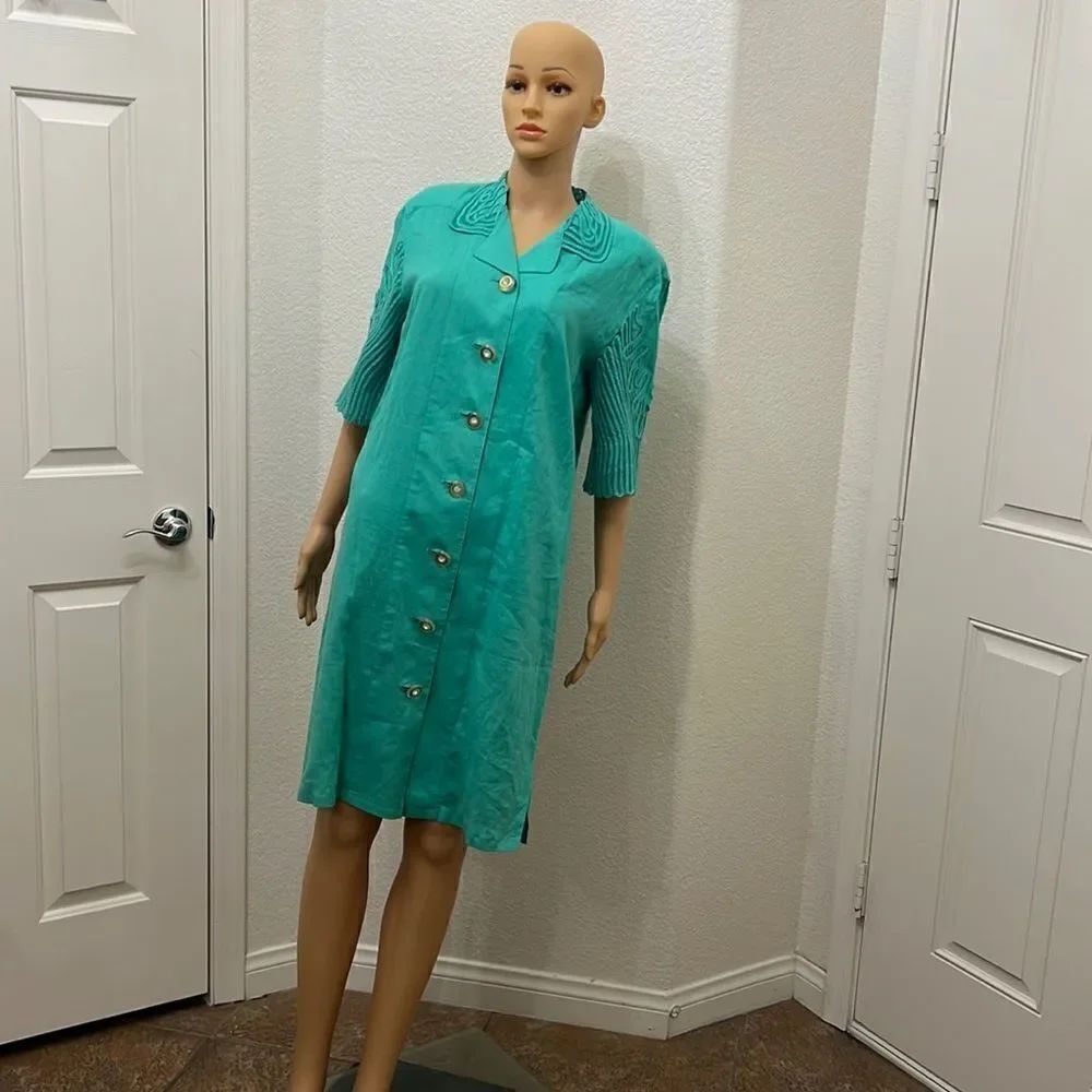 Lancetti Milano Linen Cotton Teal Blue Sea Green Button Front Lace Collar Dress